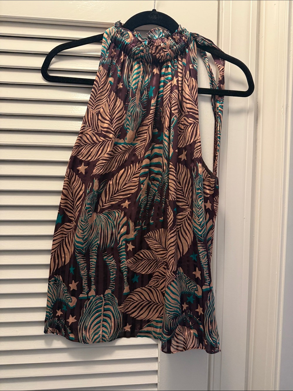 RAMY BROOK Tropical Zebra Print Halter Tank - Brown, Teal & Cream